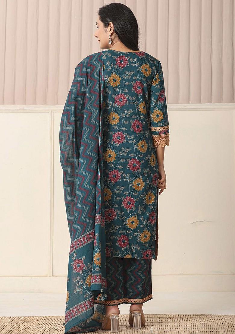 Teal Floral Print Cotton Kurta Set