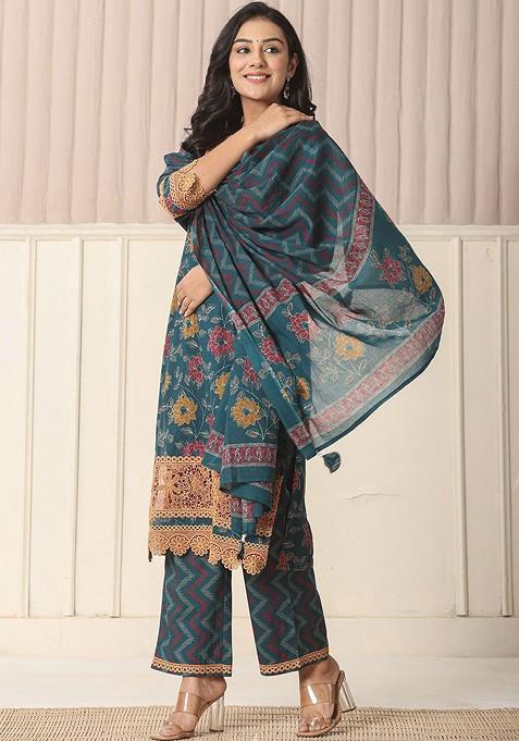 Teal Floral Print Cotton Kurta Set