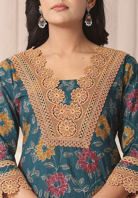 Teal Floral Print Cotton Kurta Set