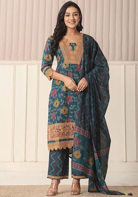 Teal Floral Print Cotton Kurta Set