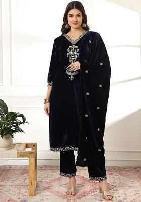 Navy Blue Floral Print Poly Blend Kurta Set