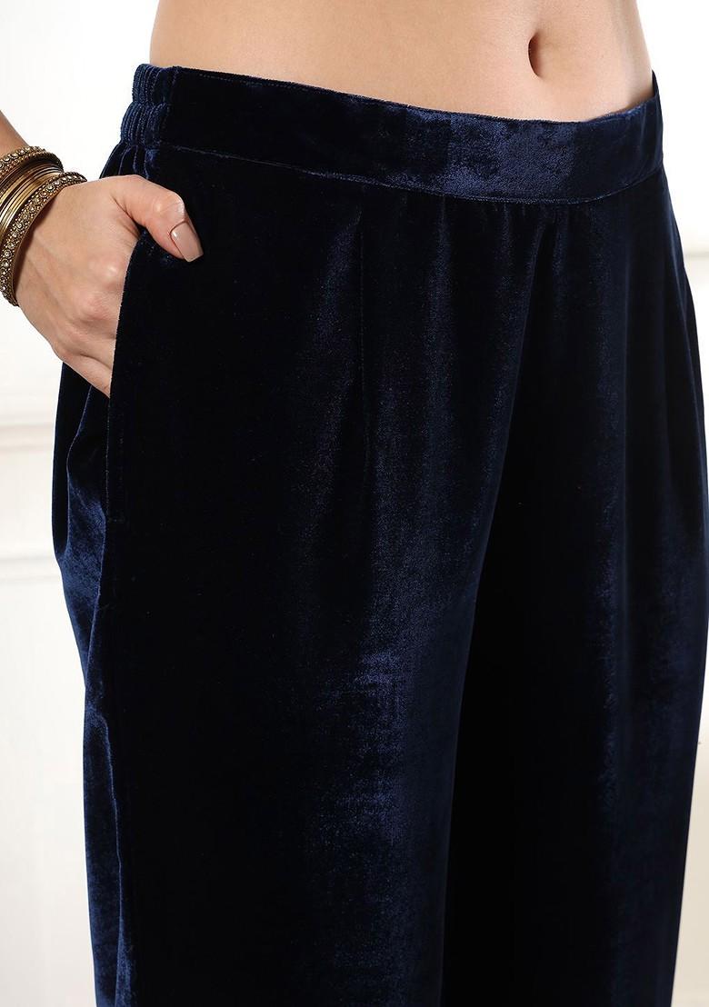 Navy Blue Floral Print Poly Blend Kurta Set