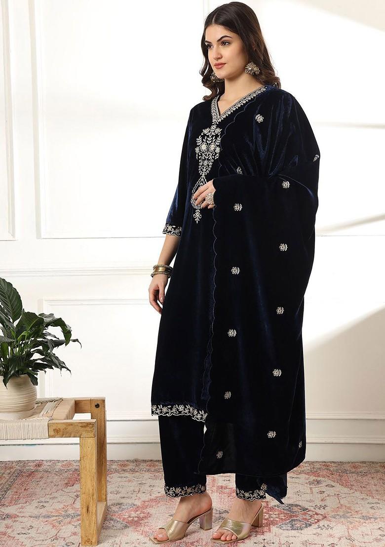 Navy Blue Floral Print Poly Blend Kurta Set