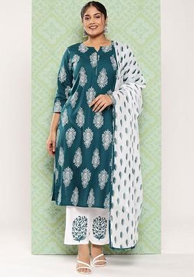 Teal Printed Poly Blend Kurta Set