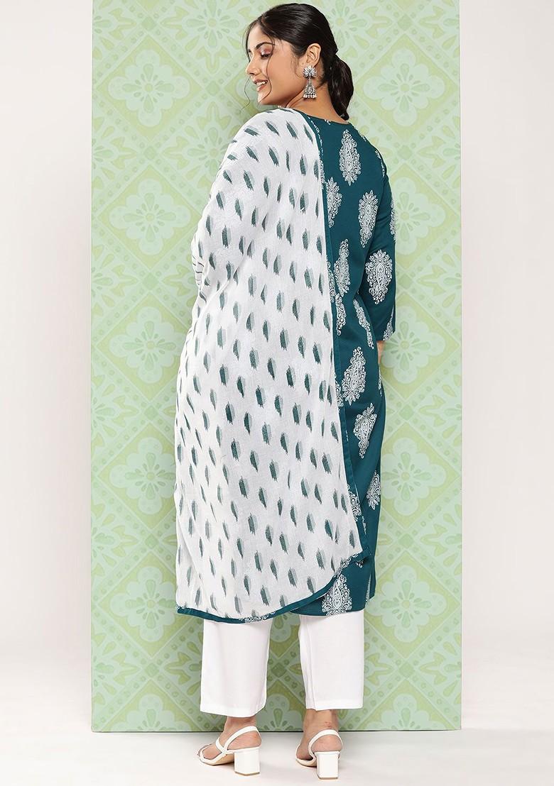 Teal Printed Poly Blend Kurta Set