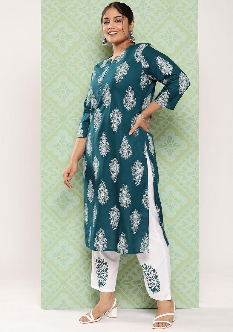 Teal Printed Poly Blend Kurta Set
