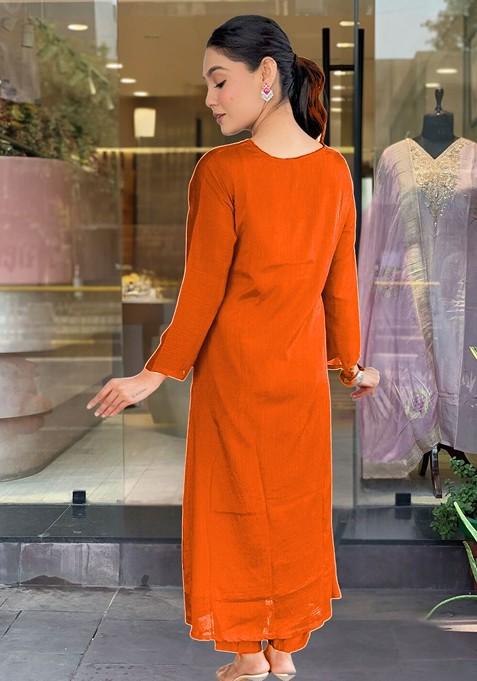 Orange Embroidered Silk Linen MEMT-033-04