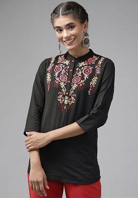 Black Embroidered Poly Blend Top