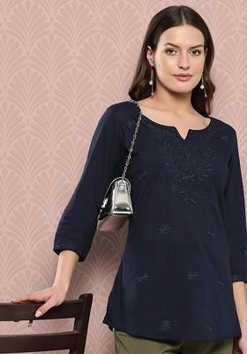 Blue Embroidered Cotton Top