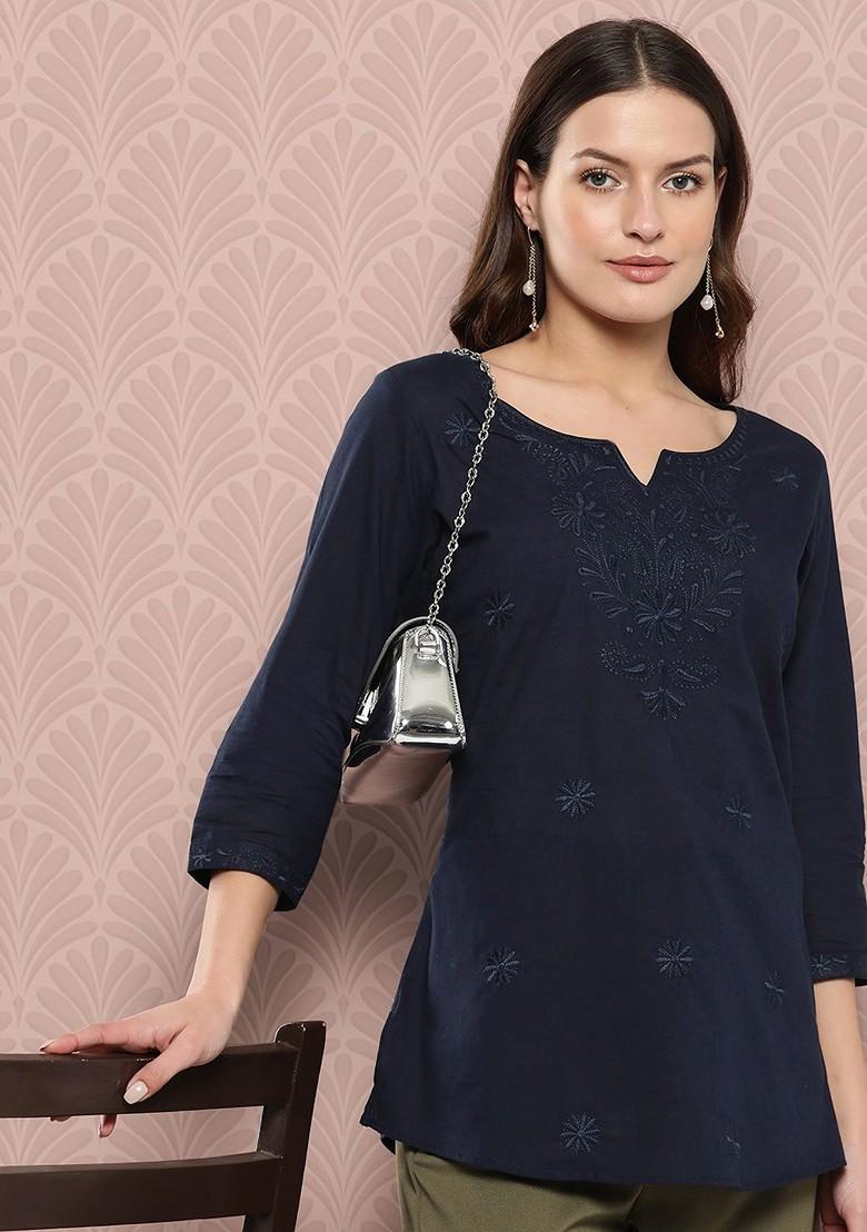 Blue Embroidered Cotton Top