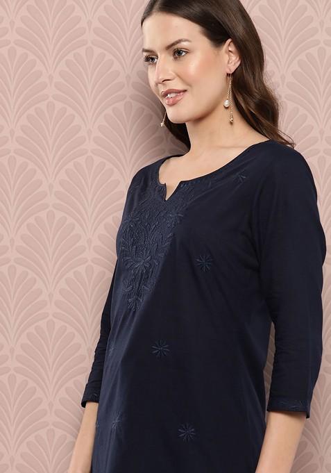 Blue Embroidered Cotton Top