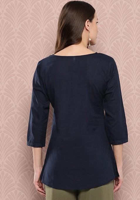 Blue Embroidered Cotton Top