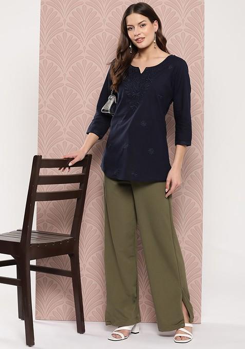 Blue Embroidered Cotton Top