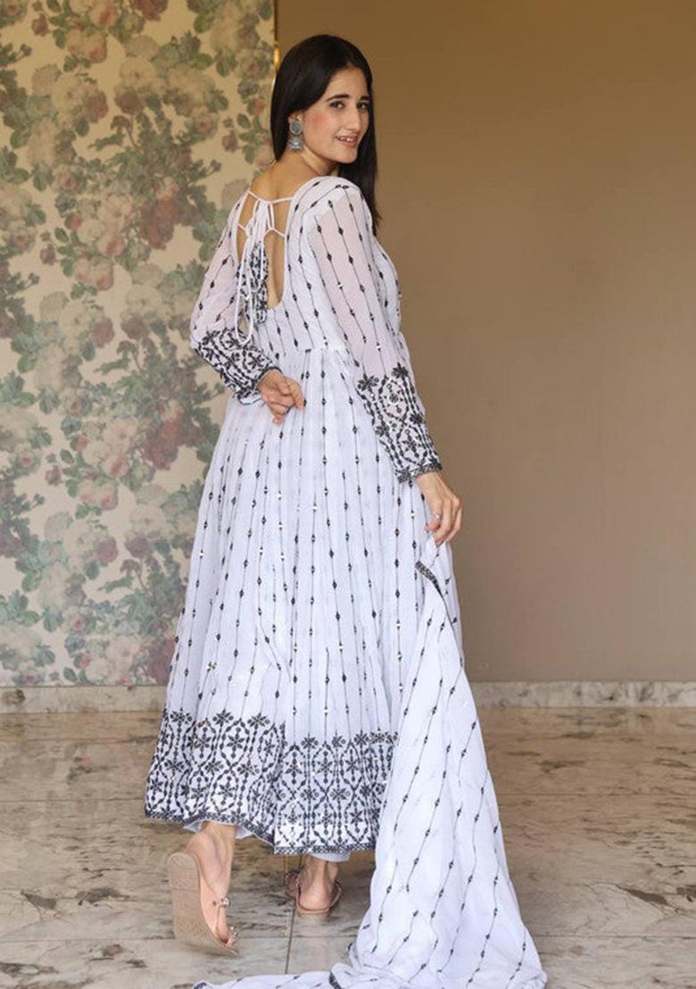 White Embroidered Georgette Kurta Set