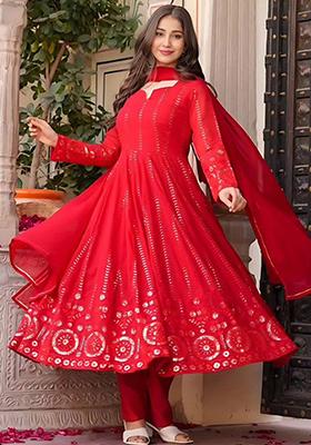 Red Embroidered Georgette Kurta Set