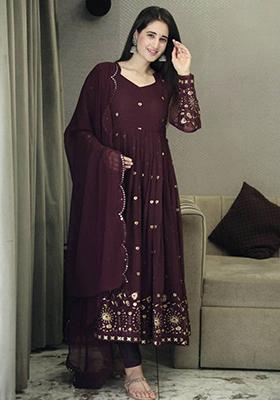 Maroon Embroidered Georgette Kurta Set
