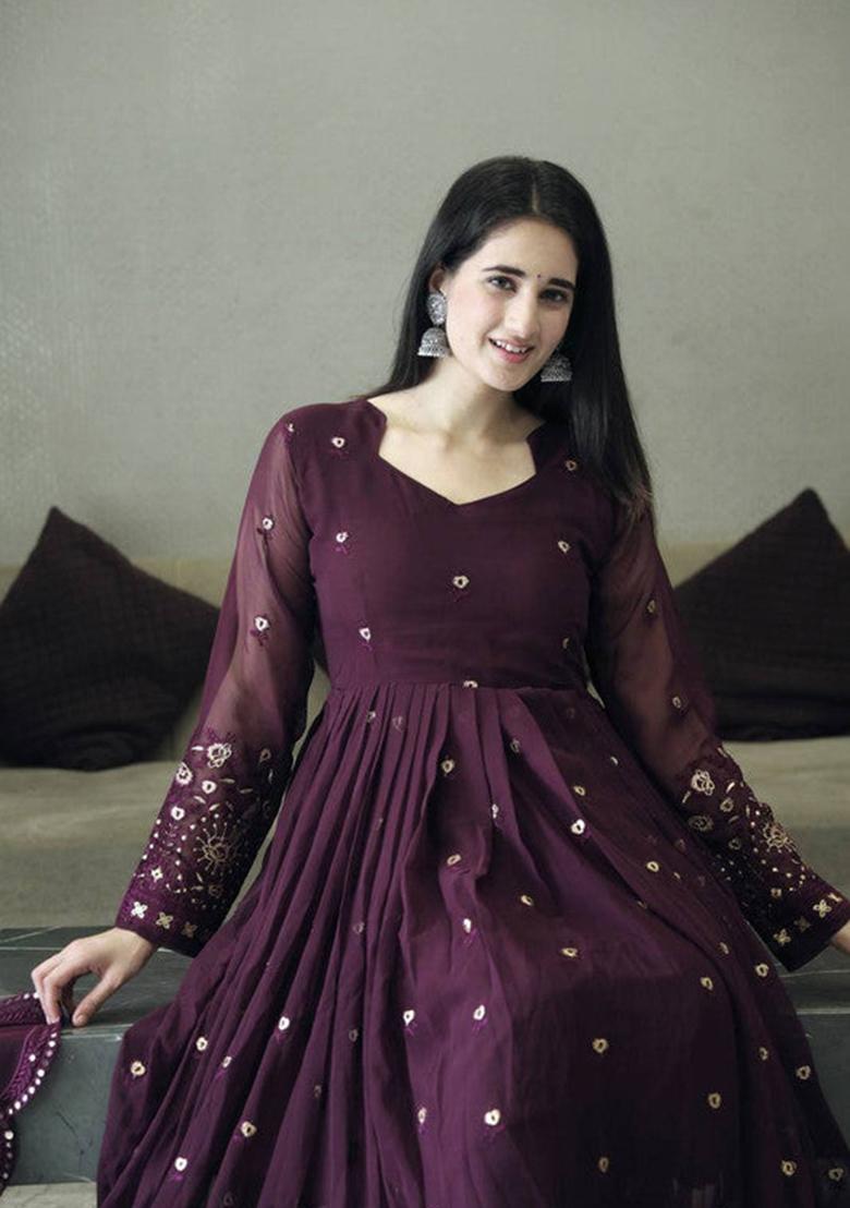 Maroon Embroidered Georgette Kurta Set