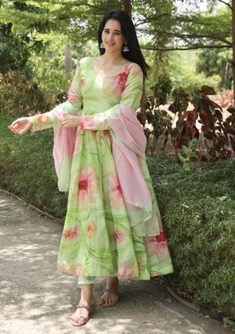 Pista Green Printed Muslin Kurta Set