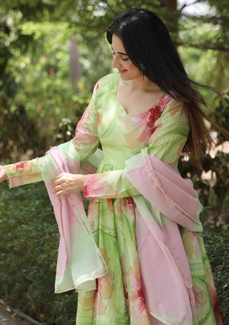 Pista Green Printed Muslin Kurta Set
