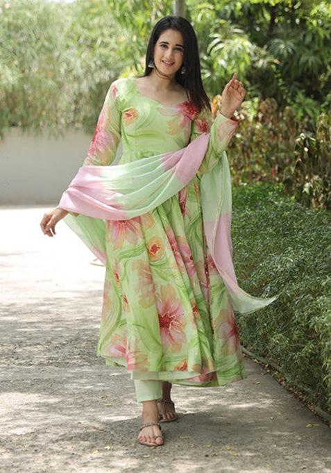 Pista Green Printed Muslin Kurta Set