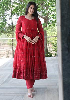 Maroon Embroidered Georgette Kurta Set