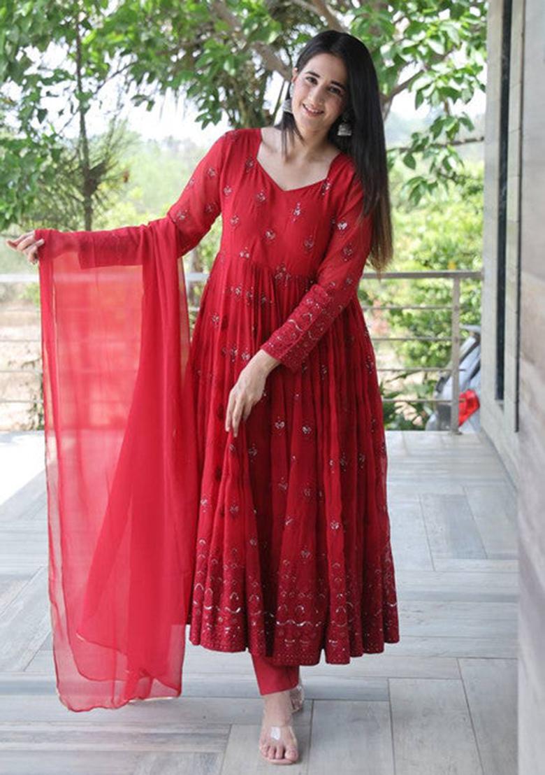 Maroon Embroidered Georgette Kurta Set