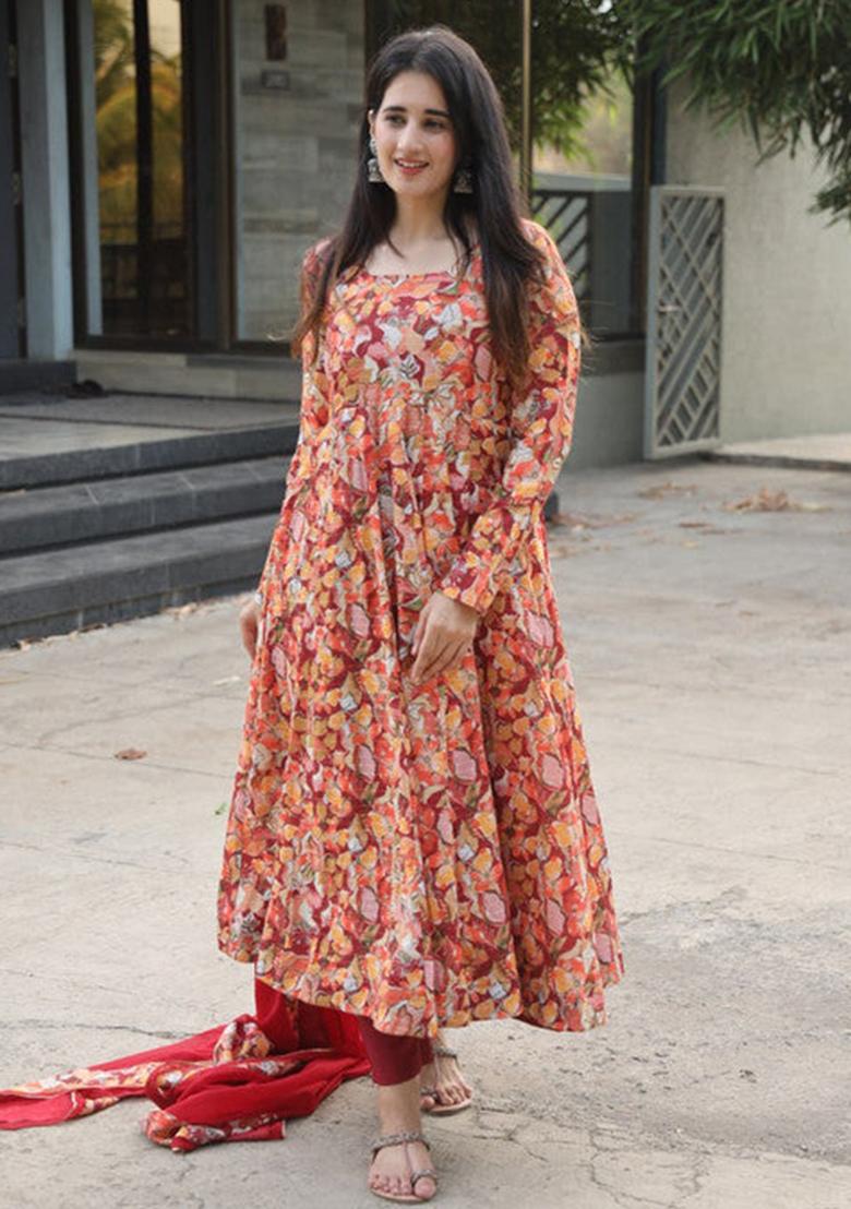 Red Printed Muslin Kurta Set