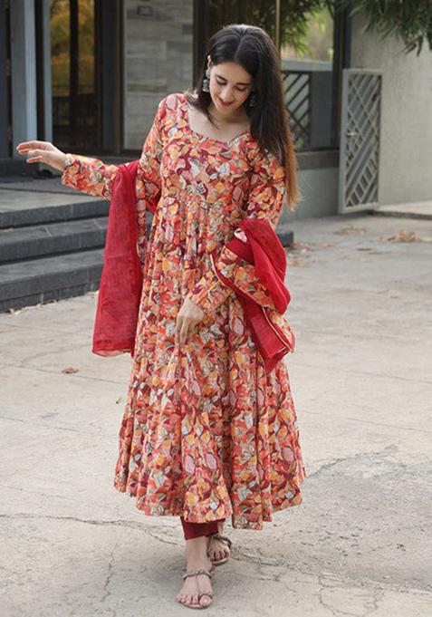Red Printed Muslin Kurta Set
