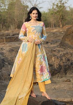 Yellow Printed Organza Kurta Set