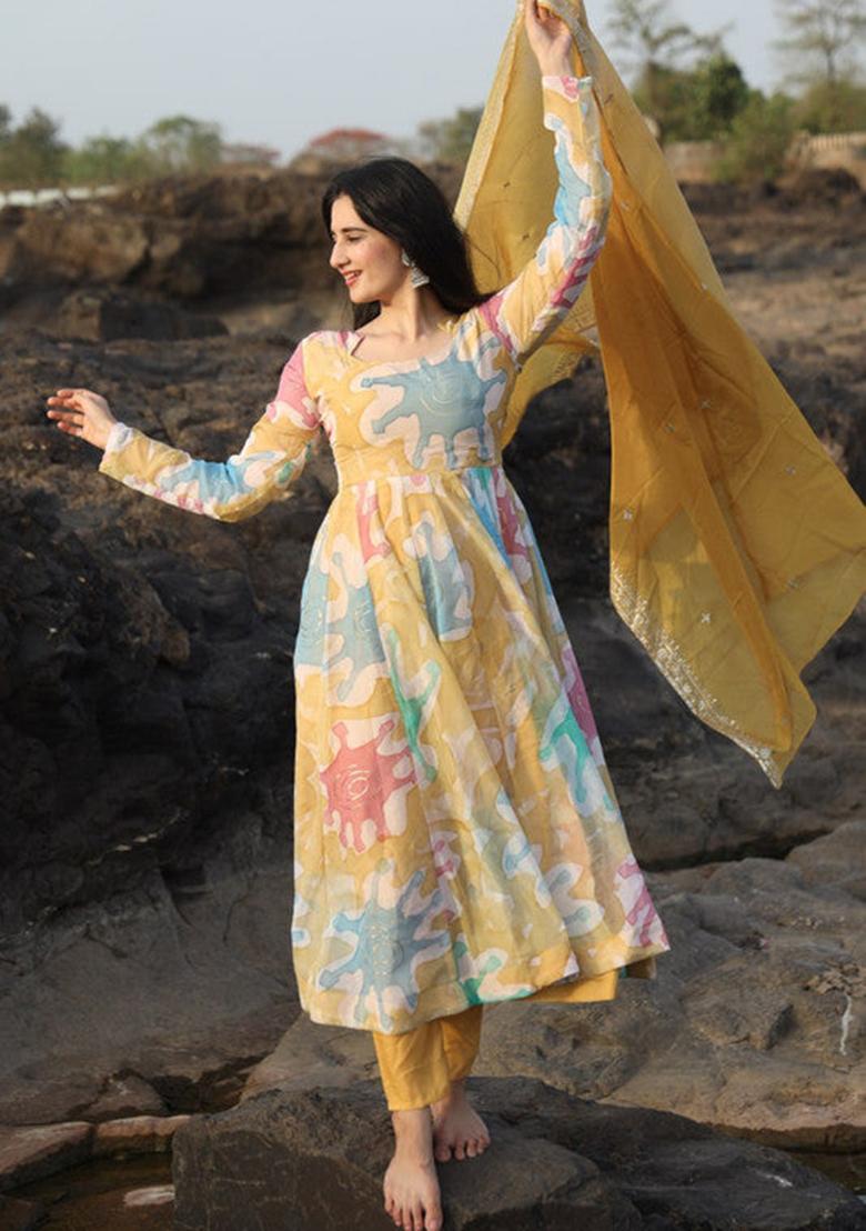 Yellow Printed Organza Kurta Set