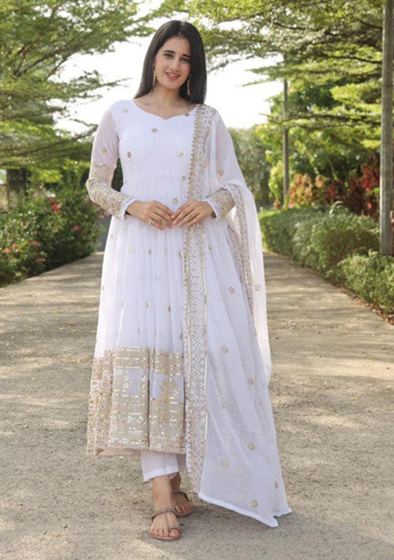 White Embroidered Georgette Kurta Set