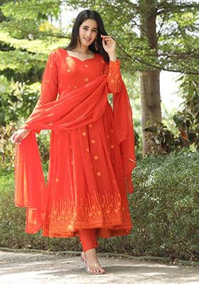 Orange Embroidered Georgette Kurta Set