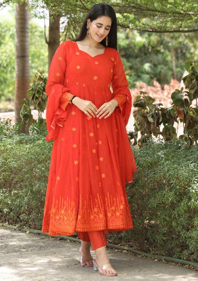Orange Embroidered Georgette Kurta Set