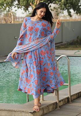 Sky Blue Printed Georgette Kurta Set