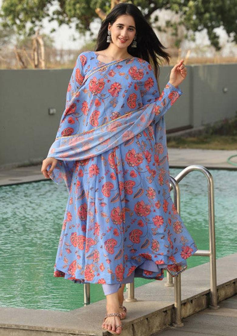 Sky Blue Printed Georgette Kurta Set