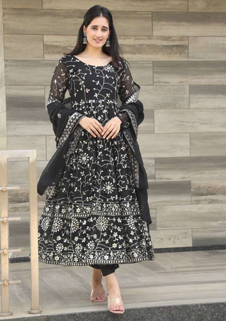 Black Embroidered Georgette Kurta Set - Indya