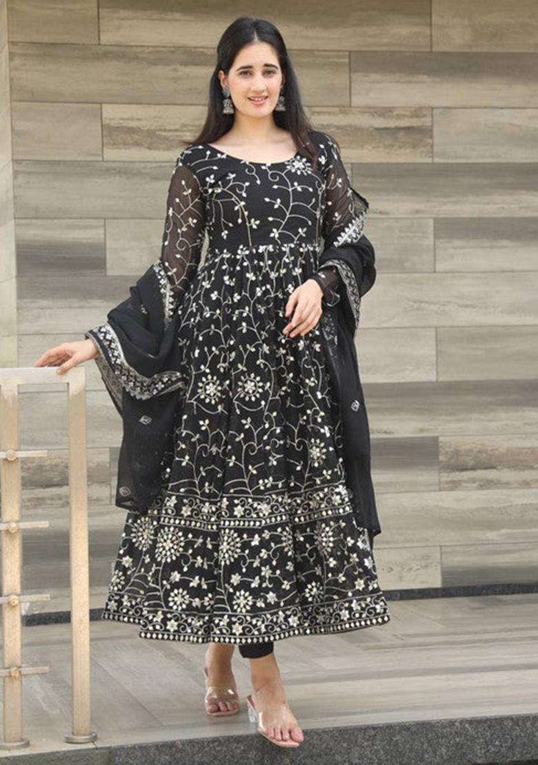 Black Embroidered Georgette Kurta Set