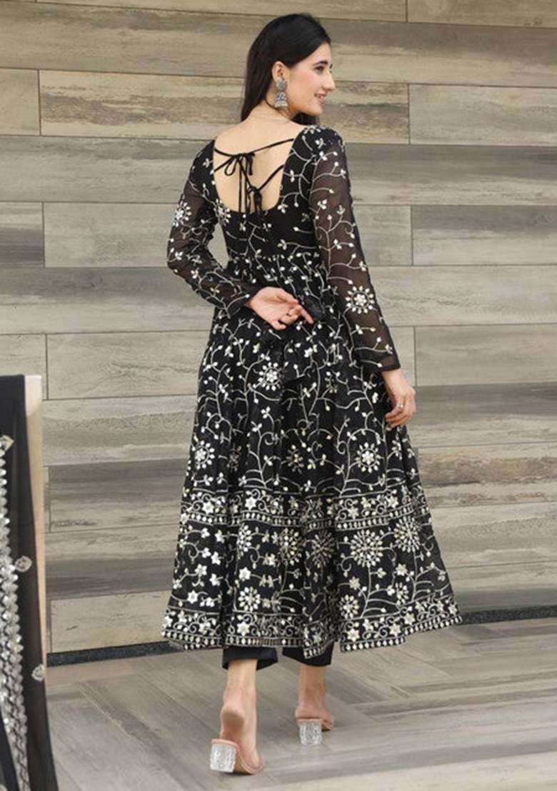 Black Embroidered Georgette Kurta Set - Indya