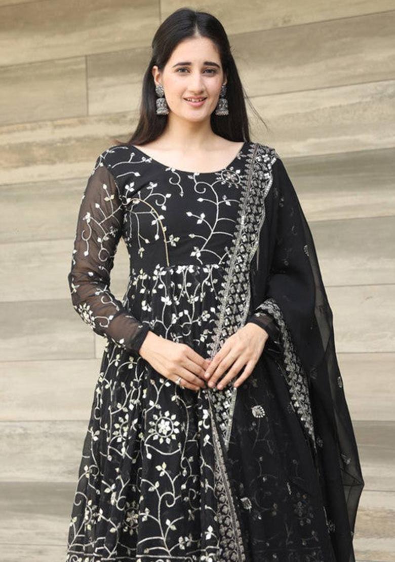 Black Embroidered Georgette Kurta Set