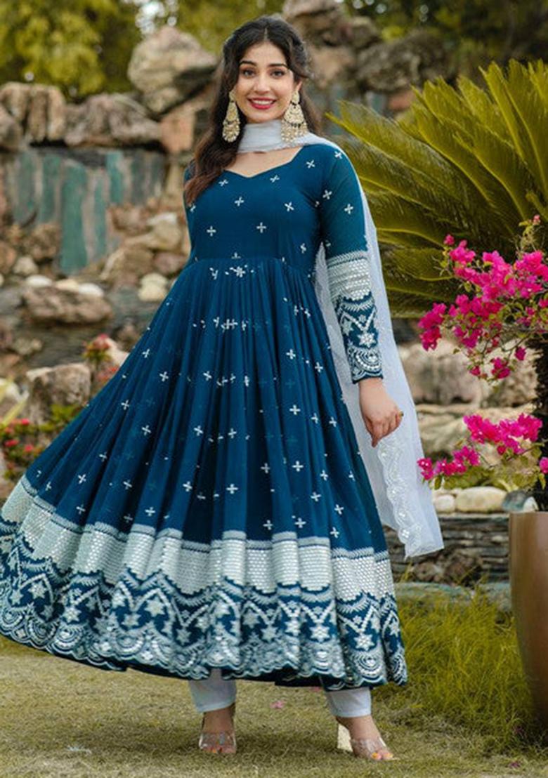 Rama Blue Embroidered Georgette Kurta Set