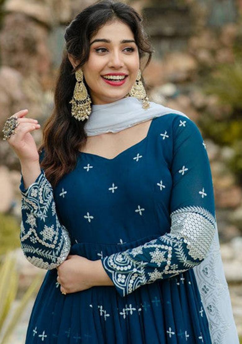 Rama Blue Embroidered Georgette Kurta Set