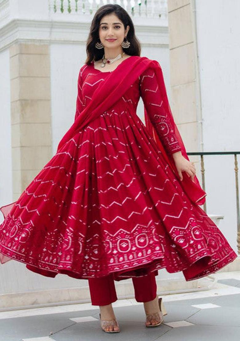 Maroon Embroidered Georgette Kurta Set