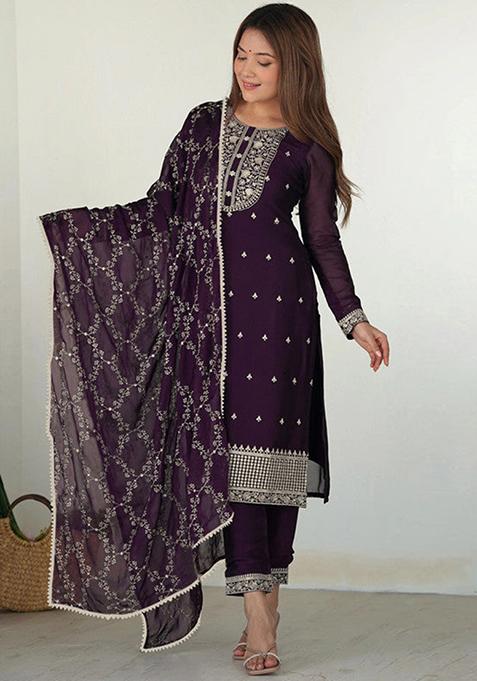 Purple Embroidered Georgette Kurta Set