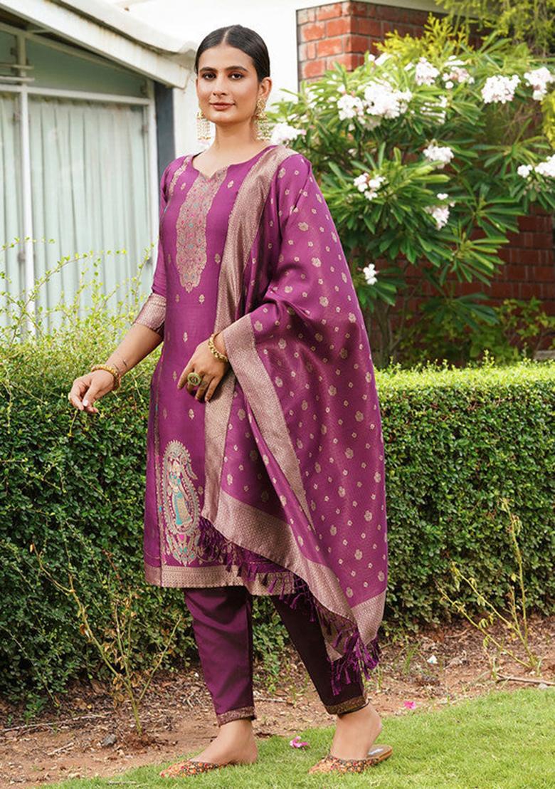 Purple Woven Silk Kurta Set