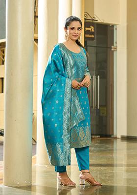 Sky Blue Woven Silk Kurta Set