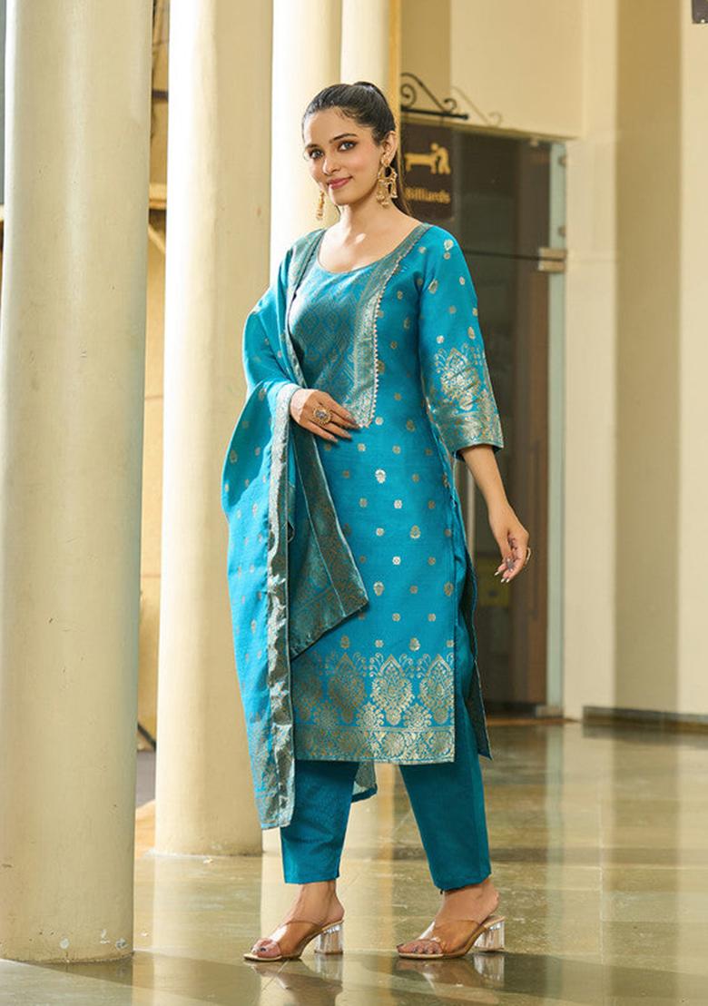 Sky Blue Woven Silk Kurta Set