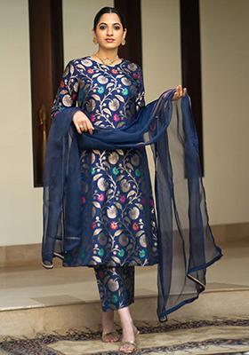 Blue Woven Silk Kurta Set