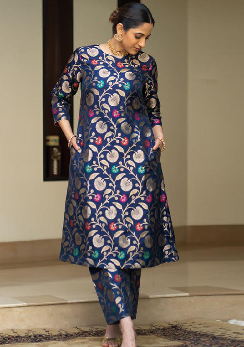 Blue Woven Silk Kurta Set