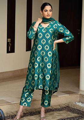 Green Woven Silk Kurta Set