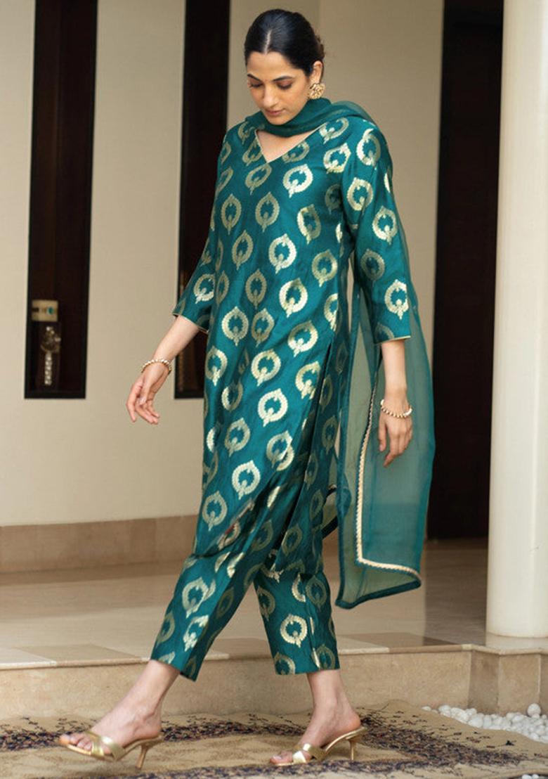 Green Woven Silk Kurta Set